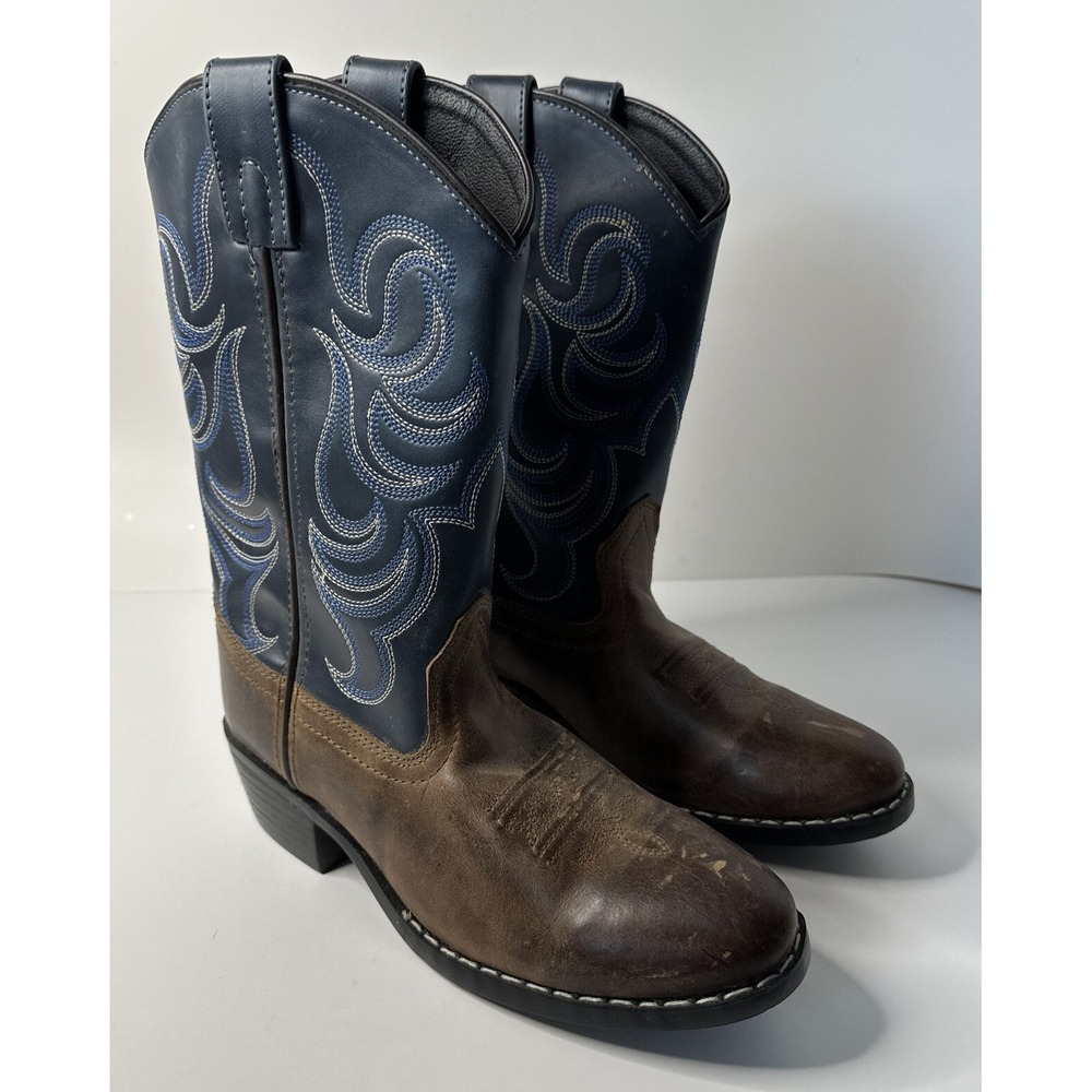 Cody James Blue/Brown Leather Round Toe Pull On Western Boots‎ Youth Size 4 D